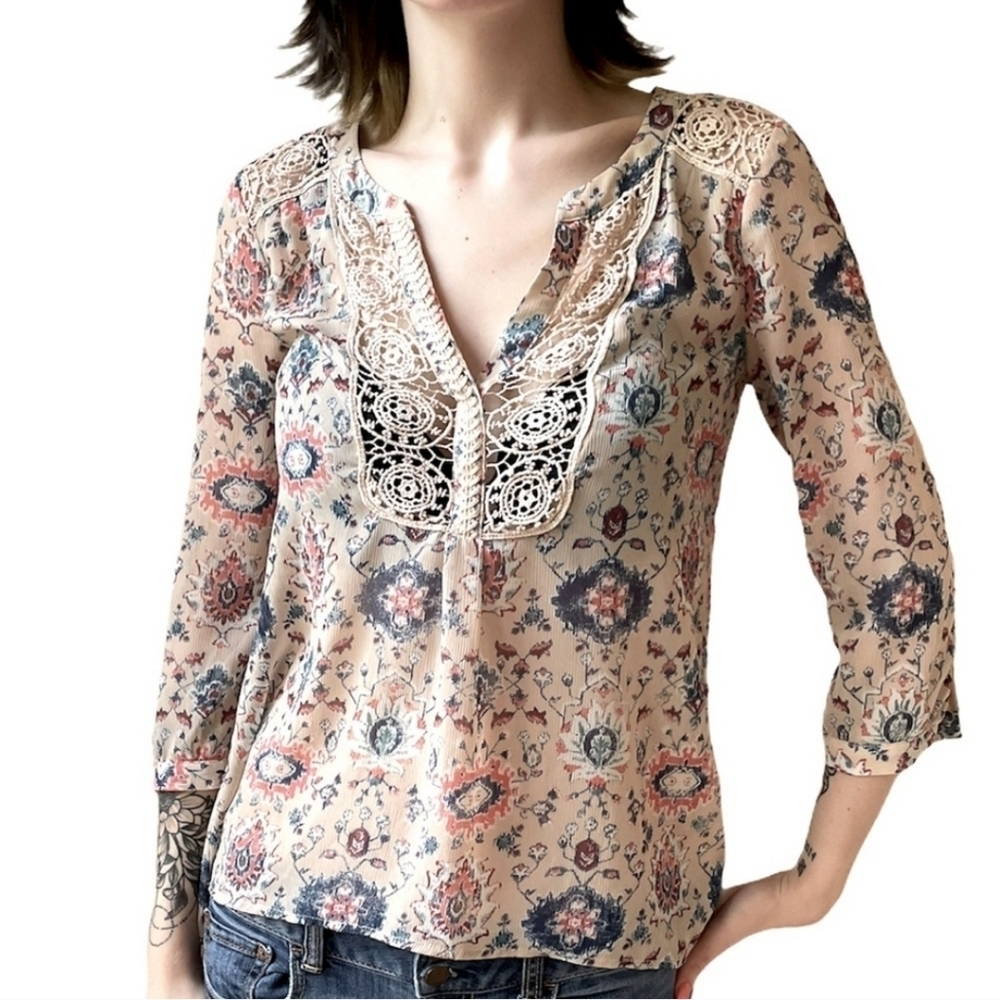 Maeve Stillwater Boho Lace Trim Peasant Blouse Neutral Floral Anthropologie SZ 4